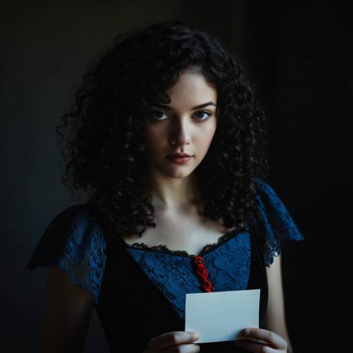 Young Woman in Black Lace Dress Holding Card
