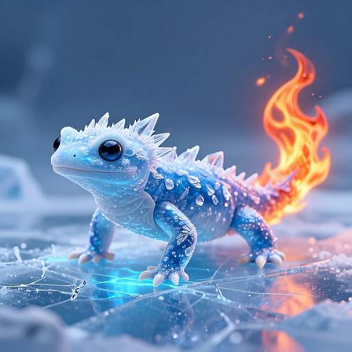 Photorealistic CGI of a blue, ice-covered, fire-breathing Pokémon Cyndaquil with glowing eyes and water droplets on its body, standing