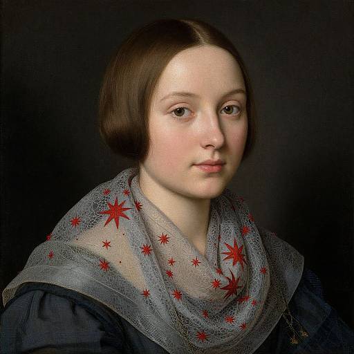 Photograph-style digital painting of a fair-skinned woman with short brown hair, wearing a gray scarf with red star patterns, and a dark blue dress
