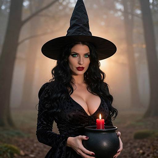 Photorealistic digital art of a sexy witch with long black hair, large breasts, and red lipstick, holding a lit candle in a black cauld
