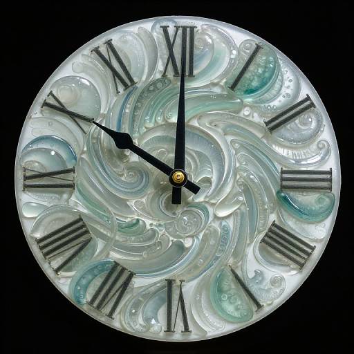 Photograph of a circular clock with black Roman numerals, transparent glass swirl design, and black hands against a black background.