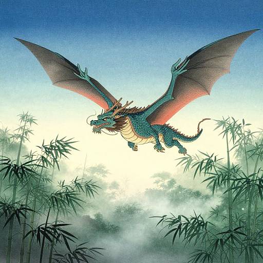Digital drawing of a blue dragon with red wings soaring through a misty bamboo forest under a gradient blue to white sky.