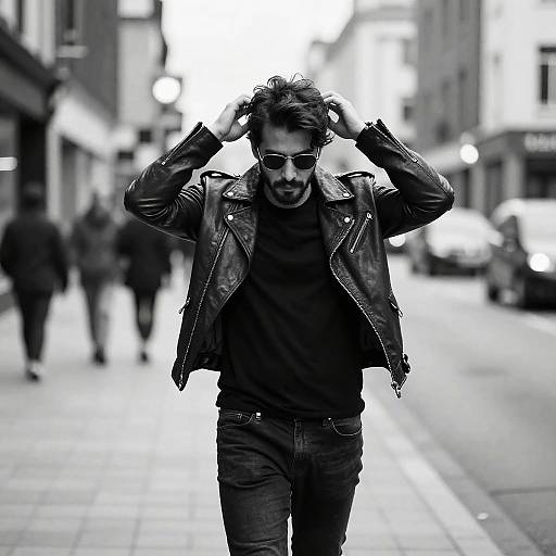 Black-and-white photograph of a bearded man in a leather jacket, sunglasses, and dark clothes, walking down a blurred urban street. Hands in hair