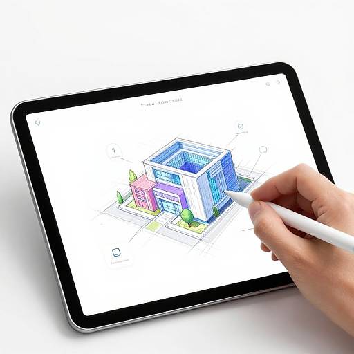 Photograph of a hand drawing a blue, purple, and pink building on a white tablet with a black frame. White pen in hand. Clean,
