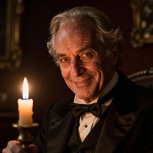 Photograph of an elderly man with silver hair, wearing a black tuxedo and bow tie, smiling warmly under a lit candle's glow. Dim