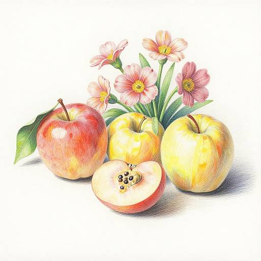 Colorful watercolor still life of four apples, one halved, with pink flowers, green leaves, and white background. Detailed, realistic style.