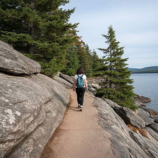 Photograph of a woman with dark hair in a white shirt and black pants walking on a rocky, forested pathway beside a serene lake.