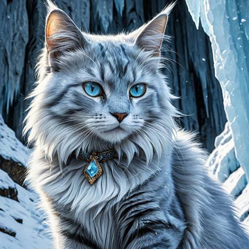 Elegant Warrior She-Cat with Azure Eyes in Icy Landscape