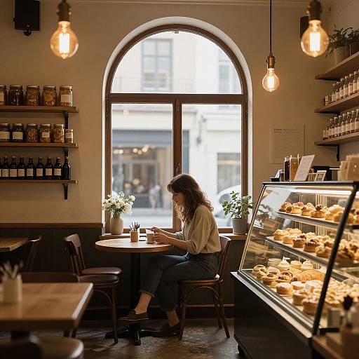 Photograph of a woman with wavy brown hair, wearing a white blouse and blue jeans, sitting at a cafe table by a large arched window