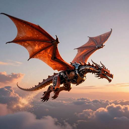 Photorealistic digital art of a mechanical, red-orange dragon with large wings soaring through a sunset sky amidst fluffy clouds.