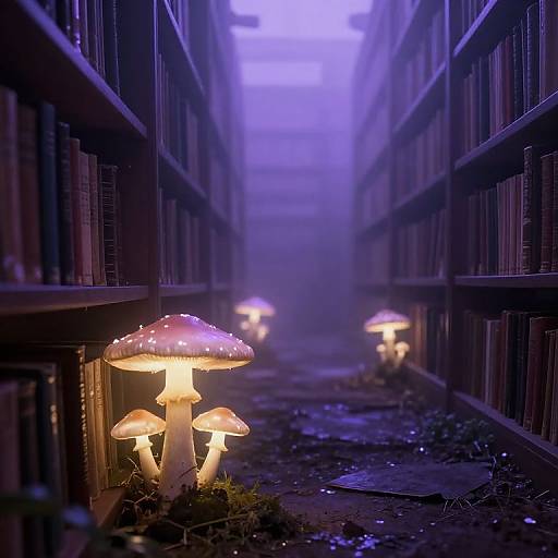 Photograph of a misty library aisle with glowing, purple-spotted mushrooms on the wet, moss-covered floor between dark wooden bookshelves.
