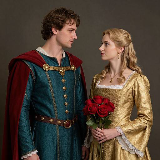Photograph of a handsome young man in medieval blue tunic with red cape, gazing at a beautiful blonde woman in gold dress holding red roses,