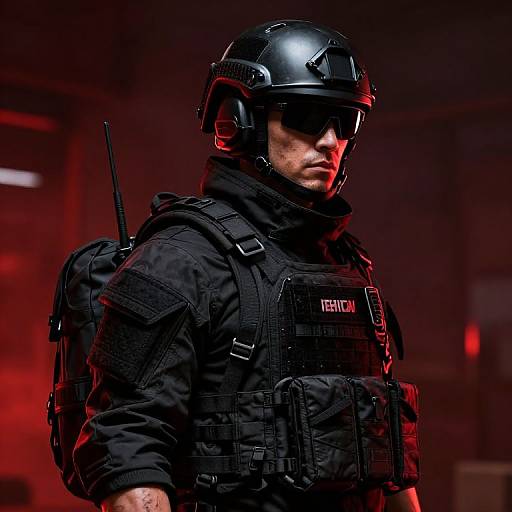 Photograph of a serious male SWAT officer in black tactical gear, helmet, and sunglasses, with red lighting in the background.