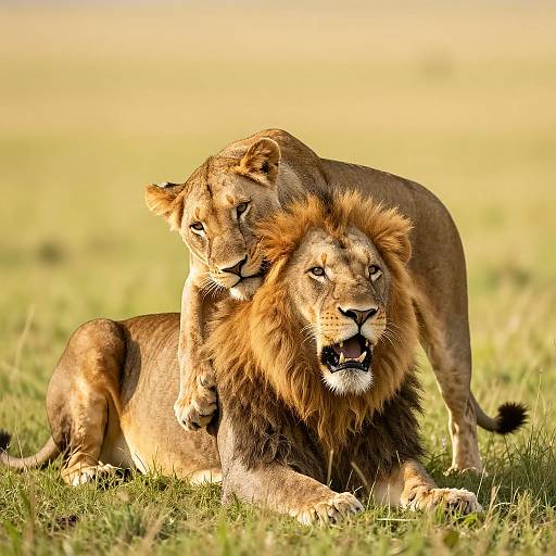 Photograph of a lioness with a golden mane lying on the grass, with a young lion cub resting on his back in a sunlit savanna