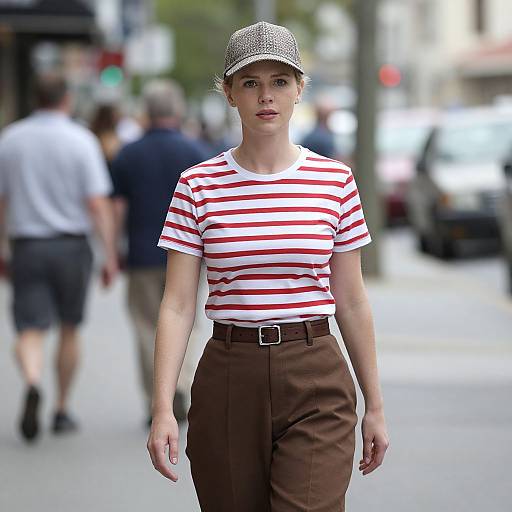 Photograph of a young woman with short brown hair, wearing a white and red striped shirt, brown pants, and a textured cap, walking on a