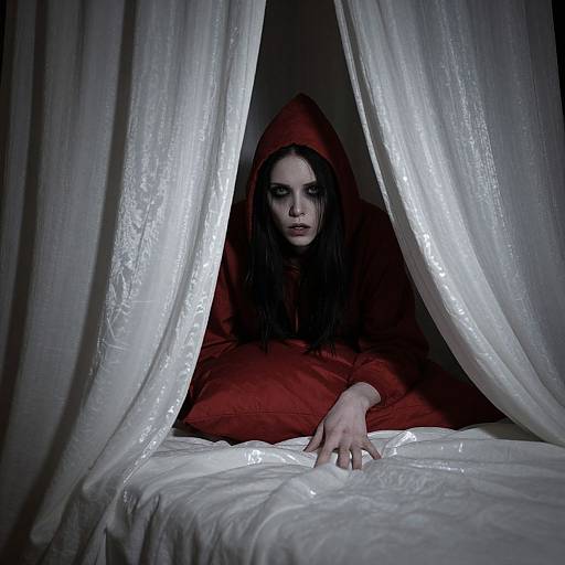 Mysterious woman in red hood peers through white, sheer curtains onto a bed, with one hand resting on the white sheets. Dark, dramatic lighting enhances