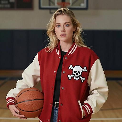 Blonde Woman with Basketball and Varsity Jacket