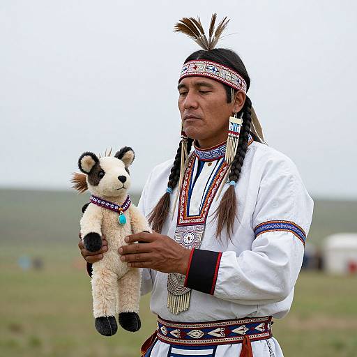 Photograph of a Native American man in traditional white attire with red and blue trim, holding a stuffed panda bear, outdoors.