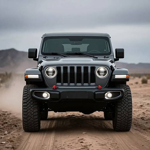 Photograph of a black Jeep Wrangler with bright headlights, driving on a dirt road through a desert landscape under a cloudy sky.