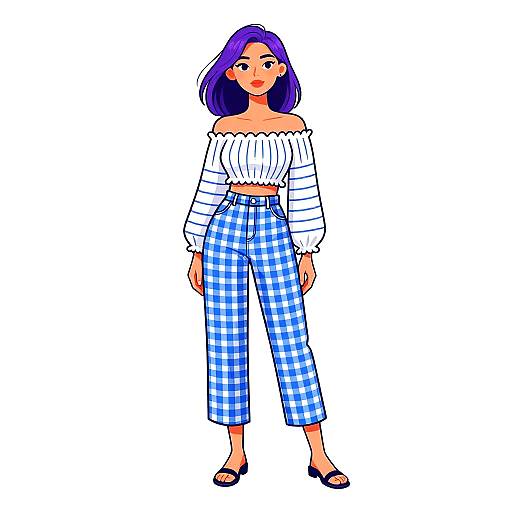 Digital illustration of a woman with purple hair, wearing an off-shoulder white top, blue and white checkered high-waist pants, and