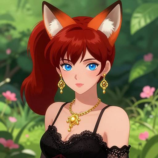 Anime Girl with Fox Ears in Garden
