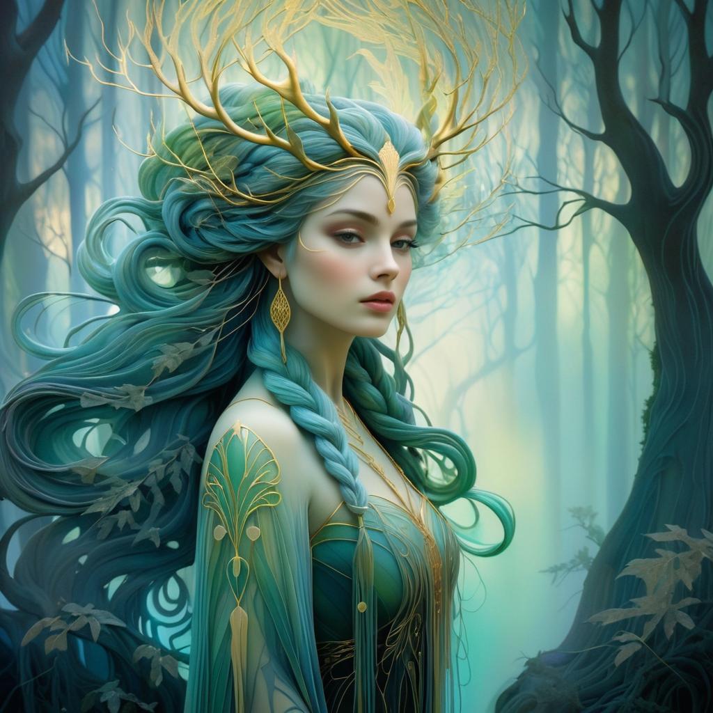 Ethereal Dryad in Misty Woodland Scene