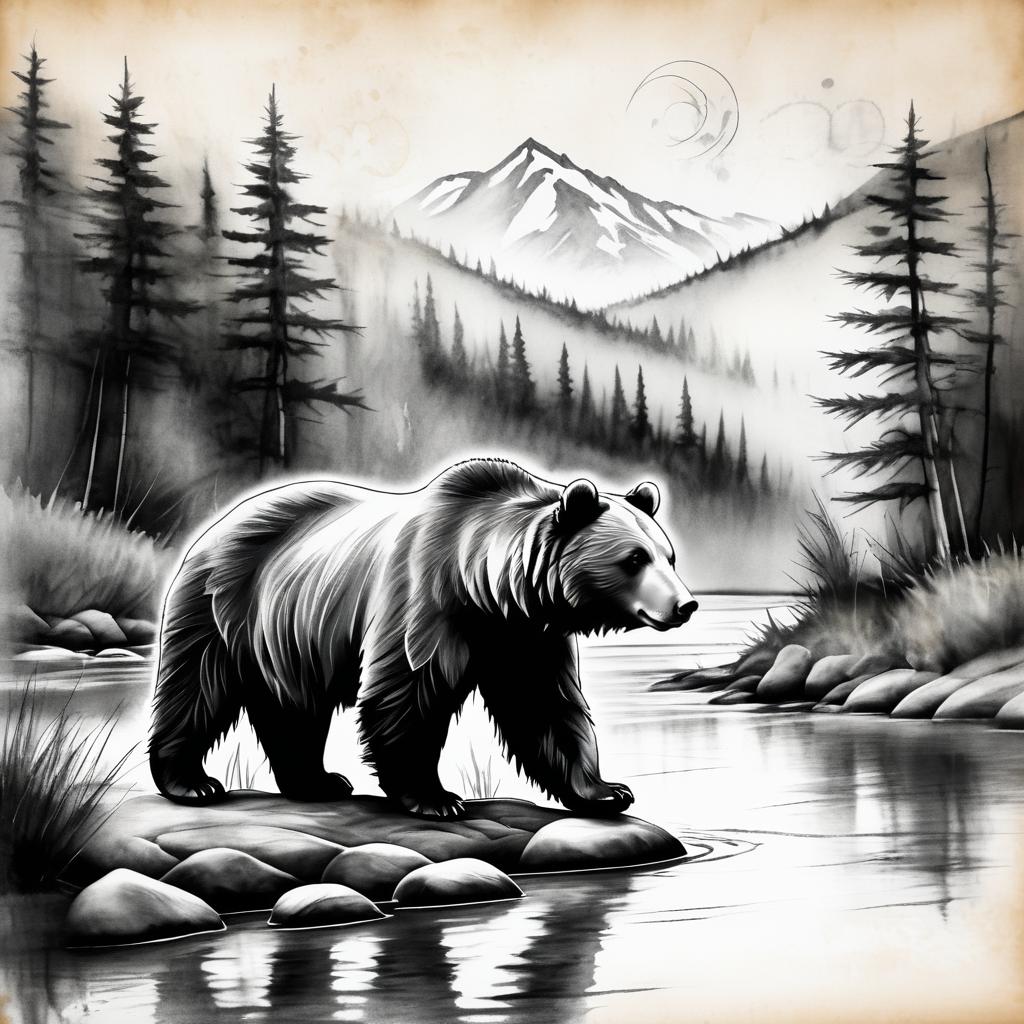 Bear Tattoo Sketch on Riverbank