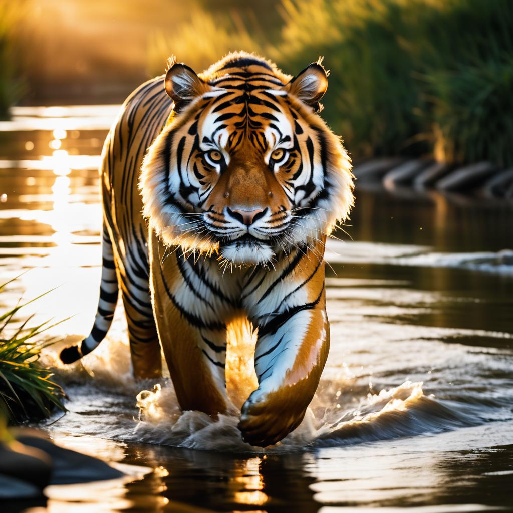 Majestic Tiger in Golden Hour Splash