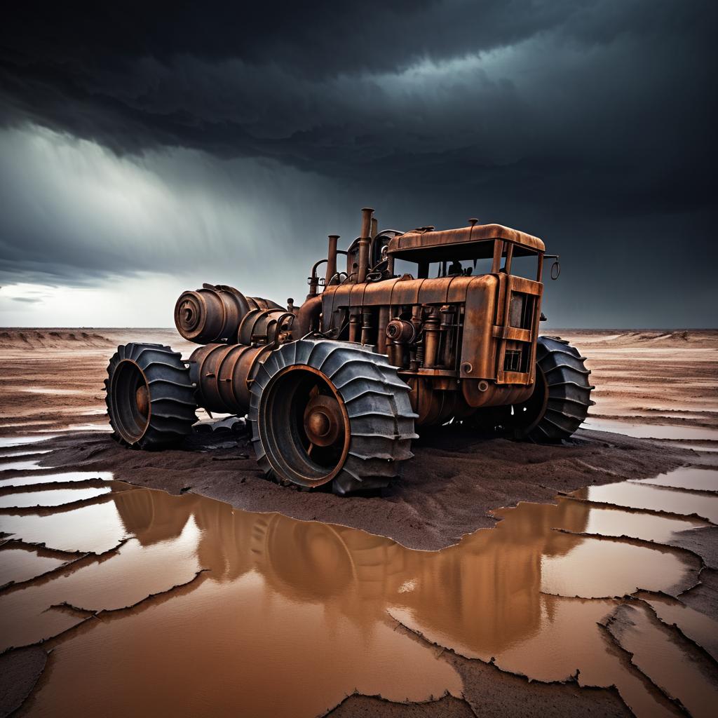 Ominous Desert Wasteland with Rusted Machinery