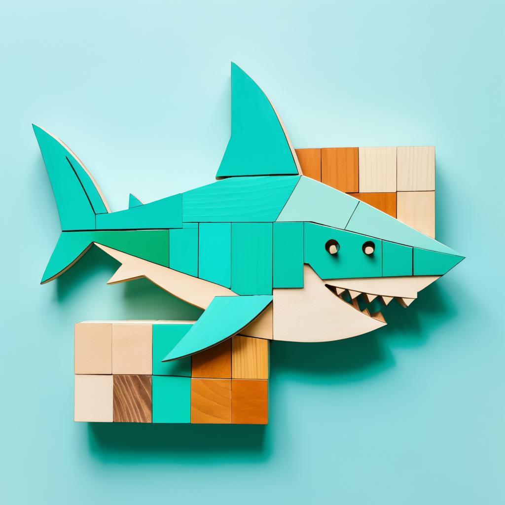 Wooden Block Shark on Seafoam Waves