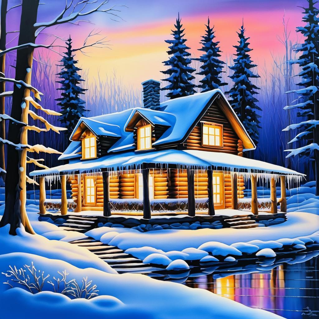 Cozy Log Cabin in Twilight Snow