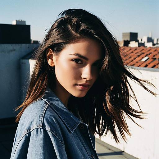 Fashion Model with Deep Side Part Hairstyle on Rooftop