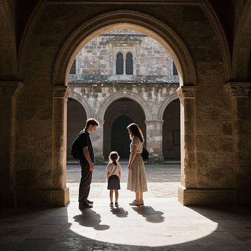 Photograph of a family of three standing in a sunlit stone archway, with a historic building and three arches in the background. Sunlight
