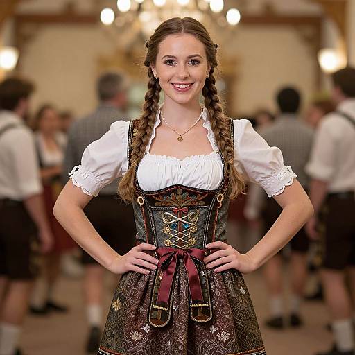 Photograph of a smiling young woman with braided brown hair, wearing a white blouse and brown, lace-up, Bavarian-style dress, standing confidently