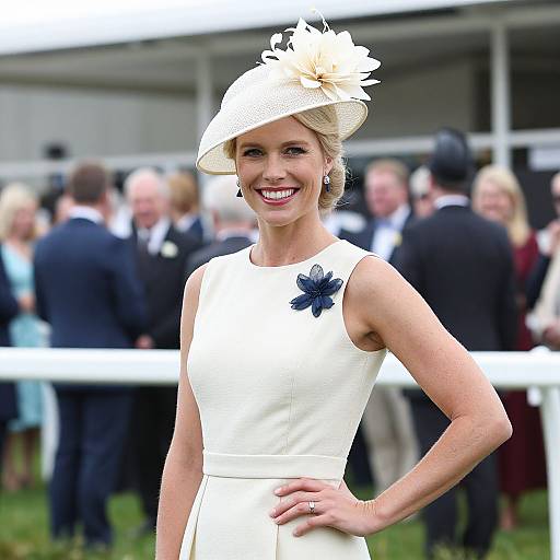 Photograph of a smiling blonde woman in a white sleeveless dress and elegant hat with a flower, at an outdoor event.