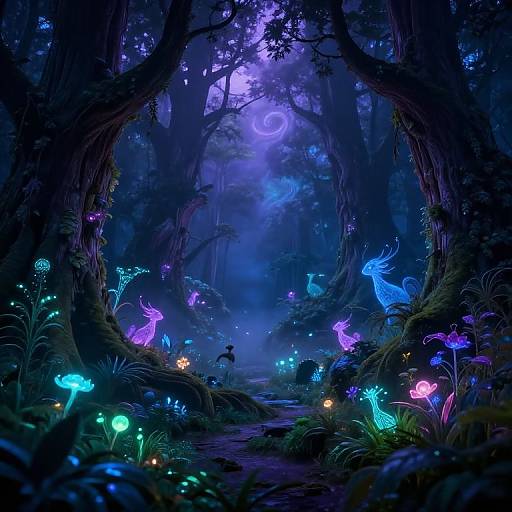 Digital fantasy forest scene with glowing, bioluminescent deer and mushrooms in vibrant blue, purple, and green hues, illuminated by a full moon.