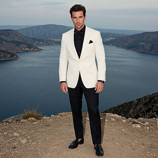 Photograph of a handsome man in a white blazer, black shirt, and black pants, standing on a rocky cliff overlooking a vast, blue lake