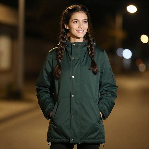 Smiling Woman in Hooded Green Parka