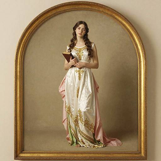 Photograph of a young woman with long brown hair, wearing a white and pink Greek-style gown with gold embroidery, holding a book, framed in an