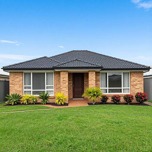 Photograph of a single-story brick house with a black shingled roof, white-framed windows, and a front yard with green grass, small