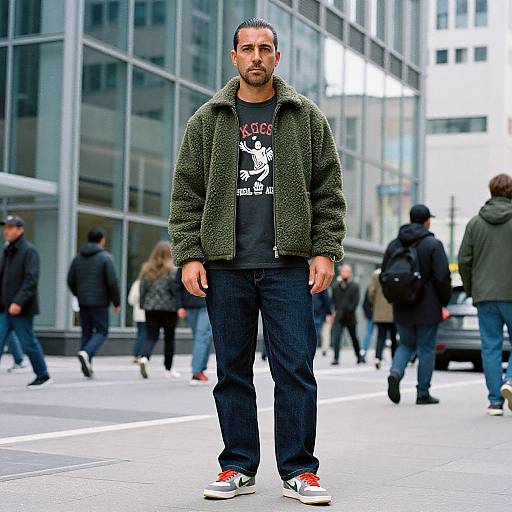 Photograph of a bearded man with short dark hair, wearing a green fuzzy jacket, black t-shirt, jeans, and red sneakers, standing on