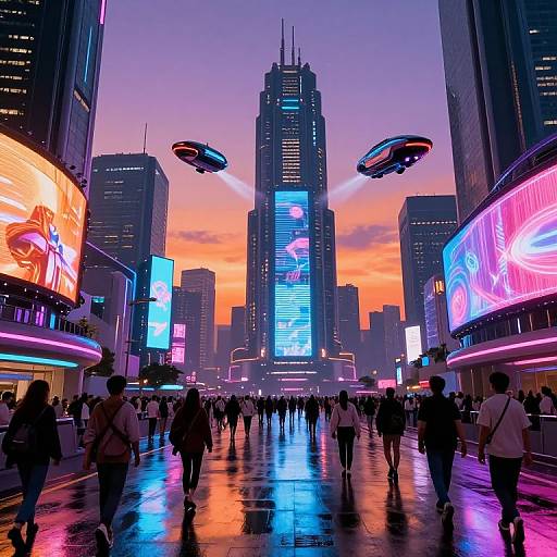 Neon-lit futuristic cityscape at sunset, with flying hovercraft, crowded street, vibrant colorful billboards, and reflective wet pavement. Digital illustration