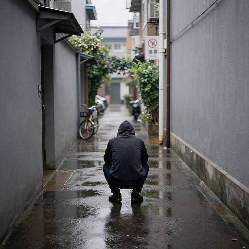 Solitary Figure in Rainy Alleyway