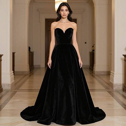 Photograph of a dark-haired woman in a strapless, black velvet gown with a sweetheart neckline, standing in a grand, marble-floored hallway