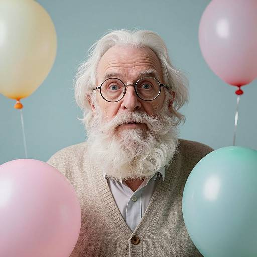 Photograph of an elderly white man with white hair and beard, glasses, wearing a beige cardigan, surrounded by pastel balloons.