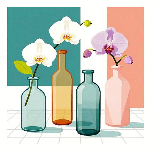 Abstract Orchid and Glass Bottles Composition