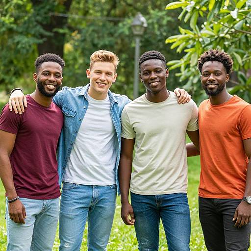 Photograph of four smiling Black men with diverse physiques and styles, standing close together outdoors in a lush green park.