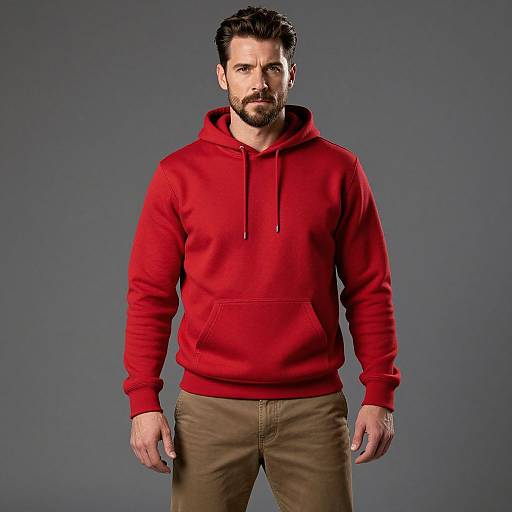 Photograph of a handsome, bearded man with dark hair wearing a red hoodie and beige pants, standing against a gray background.