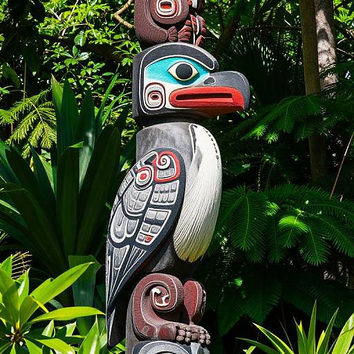 Photograph of a vibrant, detailed totem pole with bold colors and intricate patterns, surrounded by lush green tropical foliage.