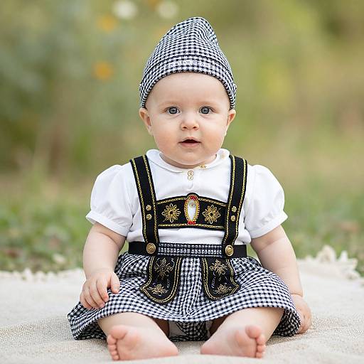 Photograph of a blue-eyed baby with fair skin, wearing a black-and-white checkered outfit, hat, and decorative black suspenders, sitting outdoors